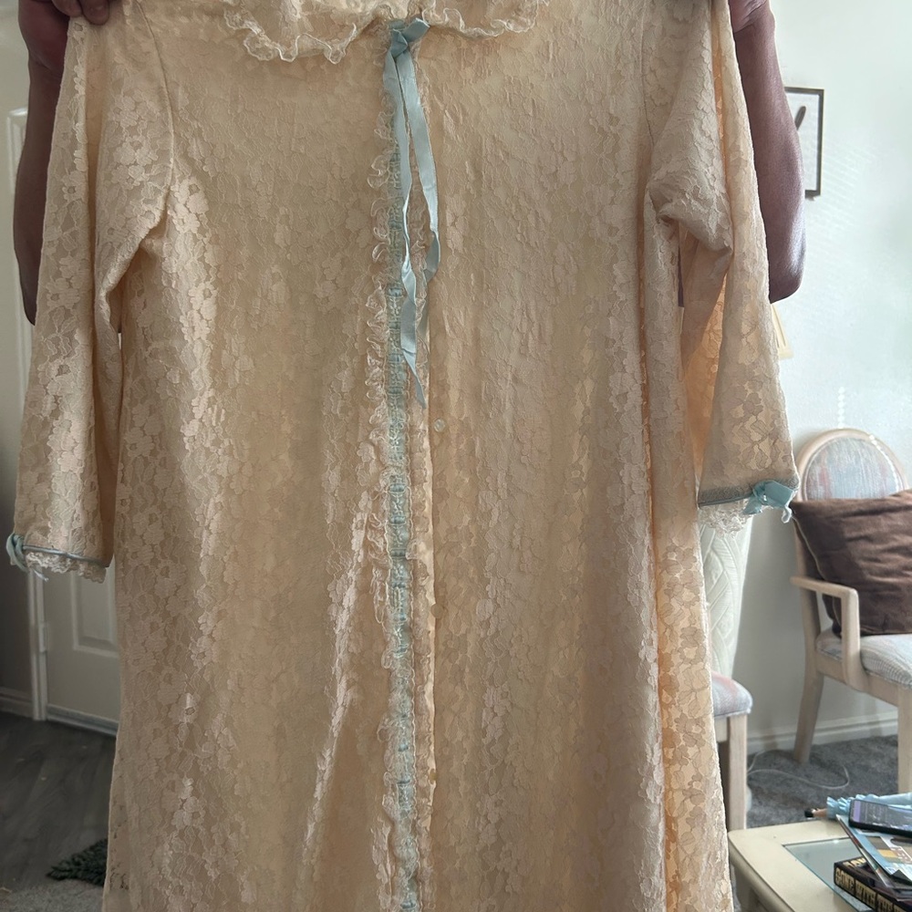 Miss Elaine Cream Lace Top with Blue Ribbon